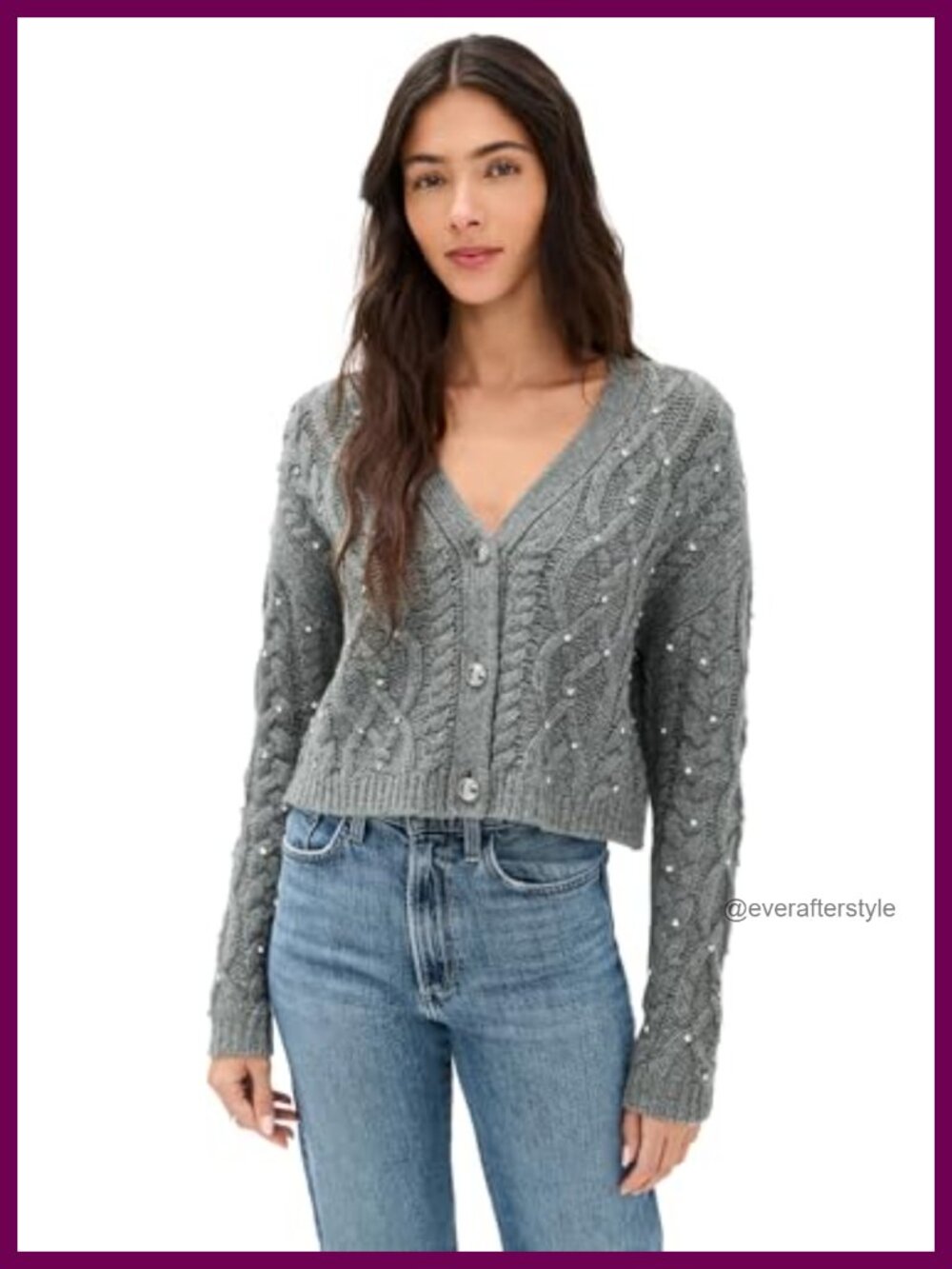 Cable Knit V-Neck Button Cardigan Sweater with Rhinestone Embellishments